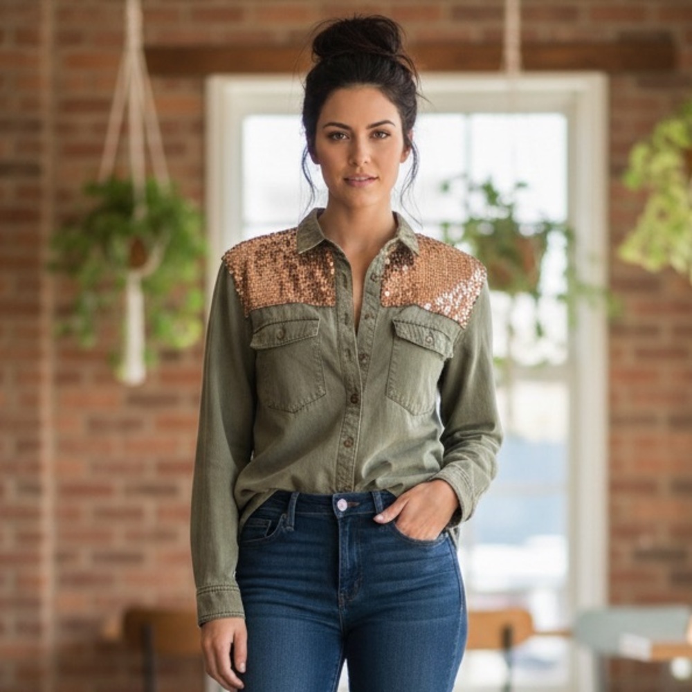 Anthropologie Sequin Utility Button Down Shirt Jacket Olive Green Size 2